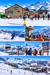 La Parva Mountain Retreat: A High-Altitude Escape in the Andes 11 Colorful winter resort collage featuring La Parva in the Chilean Andes, with skiers gathering outside a rustic stone restaurant, a skier wearing a green jacket and yellow pants, skiing on snowy slopes, outdoor mountain dining, chairlifts carrying visitors, ski resort directional signs, and panoramic views of snow-covered mountains and alpine accommodations.