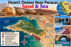 Desert Domes Near Paracas: Sand & Sea 4 Colorful illustrated travel map of Desert Domes Near Paracas, Peru, featuring desert glamping domes, Paracas National Reserve, Playa Roja, Playa La Mina, Playa Yumaque, and the Pacific Ocean. Includes photographs of coastal attractions, Islas Ballestas boat tours, and a mini map showing Paracas south of Lima, Peru.