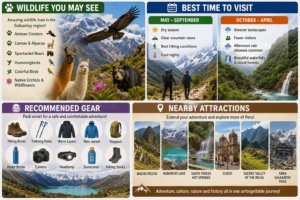 Four-panel infographic highlighting wildlife, the best time to visit, recommended hiking gear, and nearby attractions for visitors staying at Salkantay Domes in Peru.