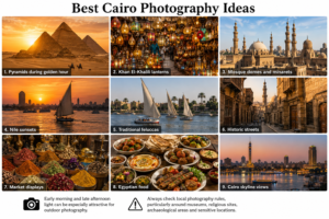 Cairo, Egypt – Museums, Bustling Markets, Ancient Mosques & Unforgettable Adventures 13 Nine-image Cairo photography collage featuring the Pyramids of Giza, Khan El-Khalili lanterns, mosque minarets, Nile sunsets, feluccas, historic streets, markets, Egyptian food and Cairo skyline.