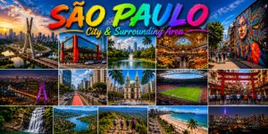 Wide 15-image São Paulo travel collage featuring the city skyline, bridges, parks, waterfalls, food markets, street art, cultural districts, stadiums, lakes, nightlife, hiking escapes, architecture, and surrounding nature landscapes across São Paulo and nearby regions in Brazil.