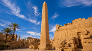 Karnak Temple – Luxor, Egypt: Gateway To Ancient Wonders 9 Hatshepsut’s Obelisk at Karnak Temple in Luxor, Egypt, rising above ancient sandstone ruins, hieroglyph-covered walls, and palm trees.
