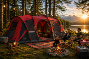 Family relaxing beside a large red and black glamping tent at a scenic lakeside campsite with lantern lights, campfire, mountain views, outdoor chairs, and cozy camping gear during a peaceful sunset.