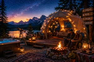 Luxury glamping dome campsite beside a scenic mountain lake at sunset with a telescope, hot tub, glowing lanterns, cozy fire pit, and a couple relaxing outdoors surrounded by beautiful nature scenery.