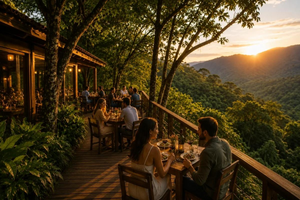 Couples and small groups enjoying outdoor dining on a rustic wooden restaurant terrace overlooking lush forested mountains at sunset, with warm lighting, scenic views, and a peaceful countryside atmosphere.