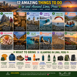 Colorful Lima, Peru travel collage featuring 12 popular activities including hiking at Marcahuasi, museums, Lima’s historic center, surfing, paragliding, Lunahuaná river rafting, Peruvian cuisine, nightlife, Paracas day trips, Ballestas Islands wildlife tours, Nazca Lines flights, and scenic coastal viewpoints. The image also includes a visual packing guide for glamping in Lima with clothing, hiking shoes, swimwear, sunscreen, water bottle, bug repellent, camera, backpack, and travel accessories.