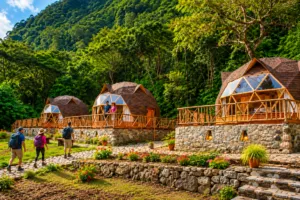 Travelers walking along a stone pathway toward three wooden glamping domes surrounded by lush mountain forest, while two guests enjoy the view from the middle dome’s deck.