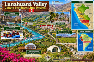 Illustrated travel map of Lunahuaná Valley in Peru's Cañete Province, featuring the Cañete River, nature-dome glamping retreats, Catapalla Suspension Bridge, rafting adventures, scenic vineyards, mountain landscapes, and mini location maps of Peru and South America.
