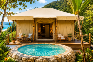 🏖 Beachfront Safari Tent, Barra Da Tijuca – Oceanfront Glamping in Rio de Janeiro 2 A luxury safari glamping tent surrounded by lush tropical rainforest with a private plunge pool, spacious wooden deck, and comfortable outdoor seating, creating a peaceful nature retreat.