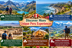 Highland Glamping in Antioquía, Peru: Mountain Retreats & Scenic Adventures 6 Colorful Peru travel collage featuring Andean mountain retreats, Lima's Pacific coastline, Pachacámac archaeological ruins, luxury glamping tents, and hikers exploring scenic mountain valleys.