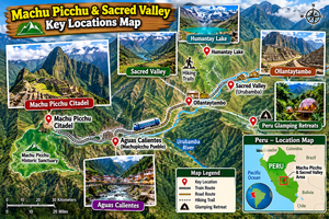Colorful illustrated travel map of Machu Picchu and the Sacred Valley in Peru, highlighting Machu Picchu Citadel, Aguas Calientes, Ollantaytambo, Sacred Valley, Humantay Lake, and illustrated glamping retreats. The map features Andean mountains, the Urubamba River, scenic destination photographs, train and hiking route illustrations, and a mini map showing the region's location within Peru.