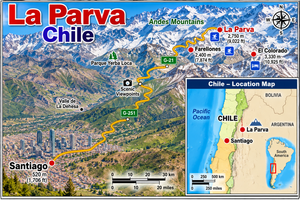 La Parva Mountain Retreat: A High-Altitude Escape in the Andes 12 Illustrated travel map of La Parva, Chile, showing its location in the Andes Mountains east of Santiago, winding mountain roads, nearby Farellones and El Colorado ski areas, scenic viewpoints, snow-covered mountain peaks, and a mini map highlighting La Parva's location within Chile and South America.