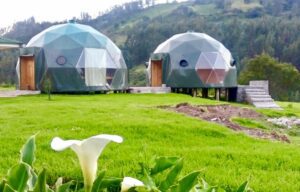 Glamping domes on platforms in a valley with flowers and mountains.
