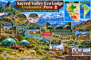 Illustrated map of Sacred Valley Eco Lodge in Urubamba, Peru, featuring green glamping domes, the Urubamba River, Andean mountains, Ollantaytambo, Moray, Maras Salt Mines, Pisac, Chinchero, Cusco, and Machu Picchu, with mini location maps of Peru and South America.