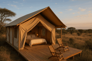 Boutique Safari Tent, Leme – Stylish Beachside Glamping Near Copacabana 1 Luxury boutique safari tent with wooden deck, surrounded by tropical greenery in Leme, Rio de Janeiro.