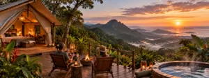 Serra Do Mar Glamping Retreat: Mountain Views And Rainforest Trails 5 Couple relaxing at a luxury Serra do Mar glamping retreat with a canvas tent, fire pit, hot tub, rainforest mountains, and sunset views in Brazil.