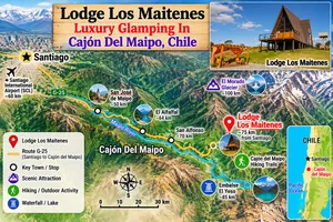 Illustrated map of Lodge Los Maitenes in Cajón del Maipo, Chile, showing Santiago, Route G-25, Maipo River, mountain attractions, and nearby outdoor adventures.
