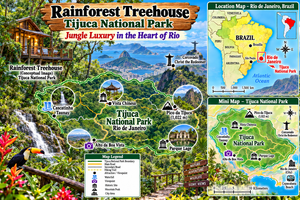 Colorful illustrated travel map of Rainforest Treehouse in Tijuca National Park, Rio de Janeiro, Brazil, featuring a luxury jungle treehouse, lush tropical rainforest, waterfalls, hiking trails, Christ the Redeemer, Vista Chinesa, Pico da Tijuca, and mini location maps.