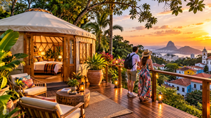 Luxury Yurt, Santa Teresa – Bohemian Comfort in Rio’s Artsy Beach District 6 Luxury glamping yurt on a tropical hillside in Santa Teresa, Rio de Janeiro, Brazil, featuring a spacious wooden deck, comfortable outdoor seating, colorful tropical plants, and two travelers admiring a beautiful sunset overlooking Guanabara Bay, Sugarloaf Mountain, and Rio's colorful neighborhoods.