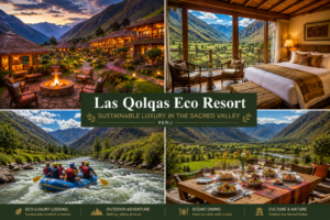 🌿 Las Qolqas Eco Resort – Sustainable Luxury In The Sacred Valley 1 Las Qolqas Eco Resort collage featuring luxury eco-lodges, scenic Sacred Valley mountain views, rafting adventures, elegant dining, and sustainable luxury accommodations in Peru near Machu Picchu.