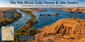 The Nile River, Lake Nasser and Abu Simbel in Egypt, showing blue waterways, desert landscapes, ancient temples and traditional sailboats.