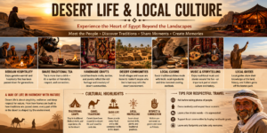 Desert life and local culture in Egypt featuring traditional hospitality, tea, handmade crafts, oasis communities, local cuisine, music, storytelling, desert camps, and local guides.