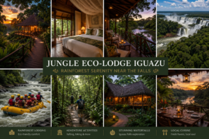 🌿 Jungle Eco-Lodge Iguazu: Rainforest Serenity Near The Falls 🌊✨ 1 Jungle Eco-Lodge Iguazu collage featuring rainforest lodges, scenic jungle rooms, rafting adventures, hiking trails, riverfront dining, and breathtaking Iguazu Falls landscapes surrounded by lush tropical rainforest.