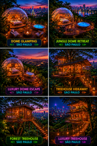 Luxury São Paulo glamping collage featuring three glowing jungle domes and three elevated treehouses overlooking the São Paulo skyline with tropical forests, lantern lighting, hot tubs, scenic decks, and vibrant sunset city views.