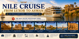 ⛵ Nile River Cruises – Sail Past Temples & Scenic Landscapes 21 Nile River cruise from Luxor to Aswan, Egypt, featuring a cruise ship, ancient temples, palm-lined riverbanks, and famous Egyptian destinations.
