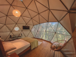Interior of a spacious geodesic eco dome featuring a comfortable bed, wooden floor, seating area, and large panoramic window overlooking a bamboo forest.