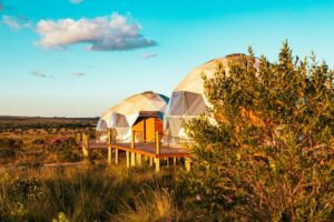 Three glamping domes on a raised platform with large panoramic windows, surrounded by shrubs in flat open landscape