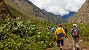 🏞️ Luxury Royal Inca Trail (4 Days) – Exclusive Trekking Experience 2 People hiking on a trail with backpacks with vegetation and steep hilly mountains.