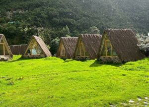 Five glamping huts with large windows set against a mountain and forest backdrop.
