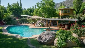 Glamping dome with a pool and chairs with a wooden deck and roof with large rocks and flowers and trees.