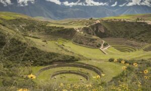 Ancient ruins with flowers trees and vegetation with steep hills and mountains.