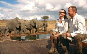 Two people sitting on a platform with elephants drinking water nearby with tress and flat lands.