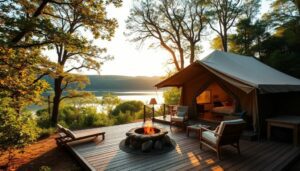 Glamping yurt on a platform in a rainforest, with chairs, a fire pit, and a lake nearby.
