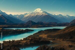 Valley lake surrounded by steep canyon slopes and tall snow-capped mountains in New Zealand.