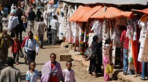 Vibrant market in Addis Ababa, Ethiopia, with colorful stalls, fresh produce, and shoppers exploring local goods.