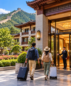 History of the Great Wall 5 Two travelers with backpacks and rolling suitcases walking toward a luxury hotel entrance near the Great Wall of China, surrounded by beautiful gardens, traditional Chinese architecture, green mountains, and historic watchtowers.