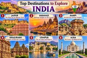India – Temples, Forts, And Ancient Cities: A Traveler’s Adventure Guide 2 Colorful travel collage showcasing six historic destinations in India: Jaipur's Amber Fort and Hawa Mahal, Varanasi's temples along the Ganges River, Hampi's ancient stone temples, Khajuraho's intricate temple carvings, Udaipur's lakeside palaces, and Agra's iconic Taj Mahal.