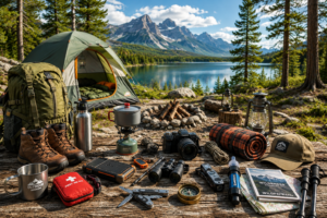 Outdoor camping and hiking gear setup beside a mountain lake with a tent, backpack, lanterns, cookware, binoculars, hiking boots, and adventure essentials in a scenic wilderness setting.