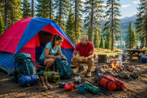Campers organizing hiking and camping gear beside a large red and blue tent in a sunny forest campsite with backpacks, boots, cookware, and a campfire surrounded by mountain wilderness scenery.