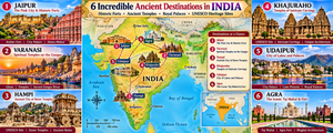 India – Temples, Forts, And Ancient Cities: A Traveler’s Adventure Guide 5 Illustrated map of India highlighting six historic destinations: Jaipur, Varanasi, Hampi, Khajuraho, Udaipur, and Agra, with famous temples, forts, palaces, the Taj Mahal, and a mini map showing India's location in Asia.