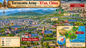 Colorful illustrated travel map of Xi’an, China, highlighting the Terracotta Army Museum, Qin Shi Huang Mausoleum, Xi’an City Wall, Bell Tower, Big Wild Goose Pagoda, and Huaqing Palace. The map features the Qinling Mountains, a scenic route toward the Terracotta Warriors, historical landmarks, and a mini map showing Xi’an in Shaanxi Province, China.