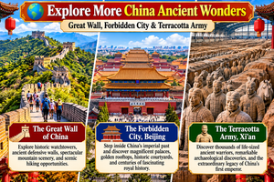 History of the Great Wall 6 Colorful three-panel collage showcasing China's ancient wonders, featuring the Great Wall winding across green mountains, the Forbidden City's magnificent imperial palaces in Beijing, and the Terracotta Army's life-sized warriors in Xi'an.