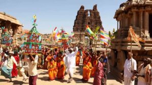 Crowd of people celebrating a traditional festival in Hampi, India