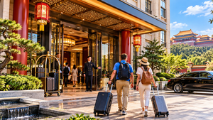 Two travelers carrying rolling suitcases and backpacks walk toward a luxury hotel entrance in Beijing, China, featuring traditional red columns, decorative Chinese lanterns, elegant architecture, and a welcoming hotel staff member.