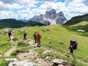 Alta Via 1: Classic Dolomites Trek – A Complete Guide 2 Five hikers with backpacks walking on a grassy path, with mountains visible ahead.