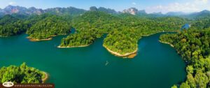 Dense rainforest and limestone cliffs in Khao Sok National Park, Thailand, with lush greenery and wildlife habitat.